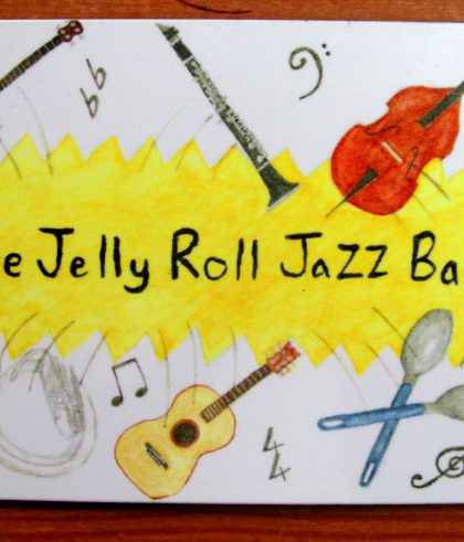 The Jelly Roll Jazz Band fridge magnet, up close.