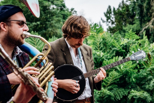 The Jelly Roll Jazz Band, enjoying the greenery at a wedding in Ness Botanic Gardens, September 2021