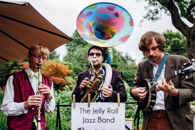 The Jelly Roll Jazz Band, enjoying their band name at a wedding in Ness Botanic Gardens, September 2021.