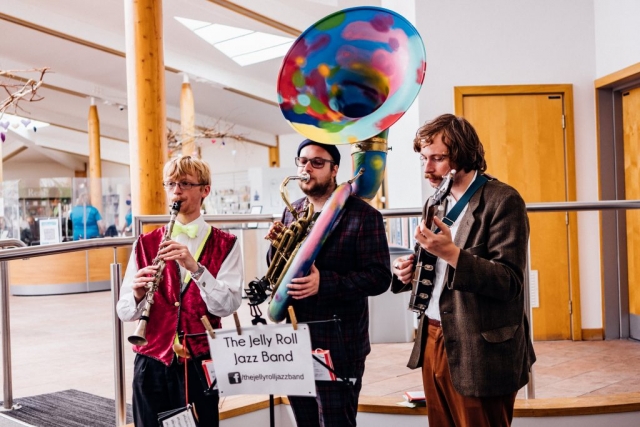 The Jelly Roll Jazz Band, enjoying the great indoors at a wedding in Ness Botanic Gardens, September 2021