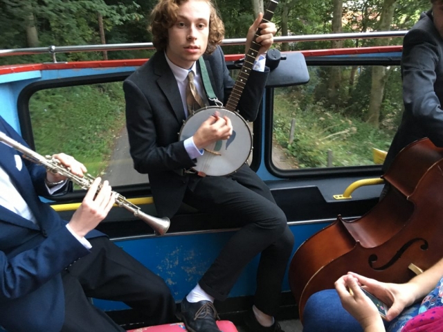 The Jelly Roll Jazz Band performing on an open top bus ride round Scarborough, September 2016