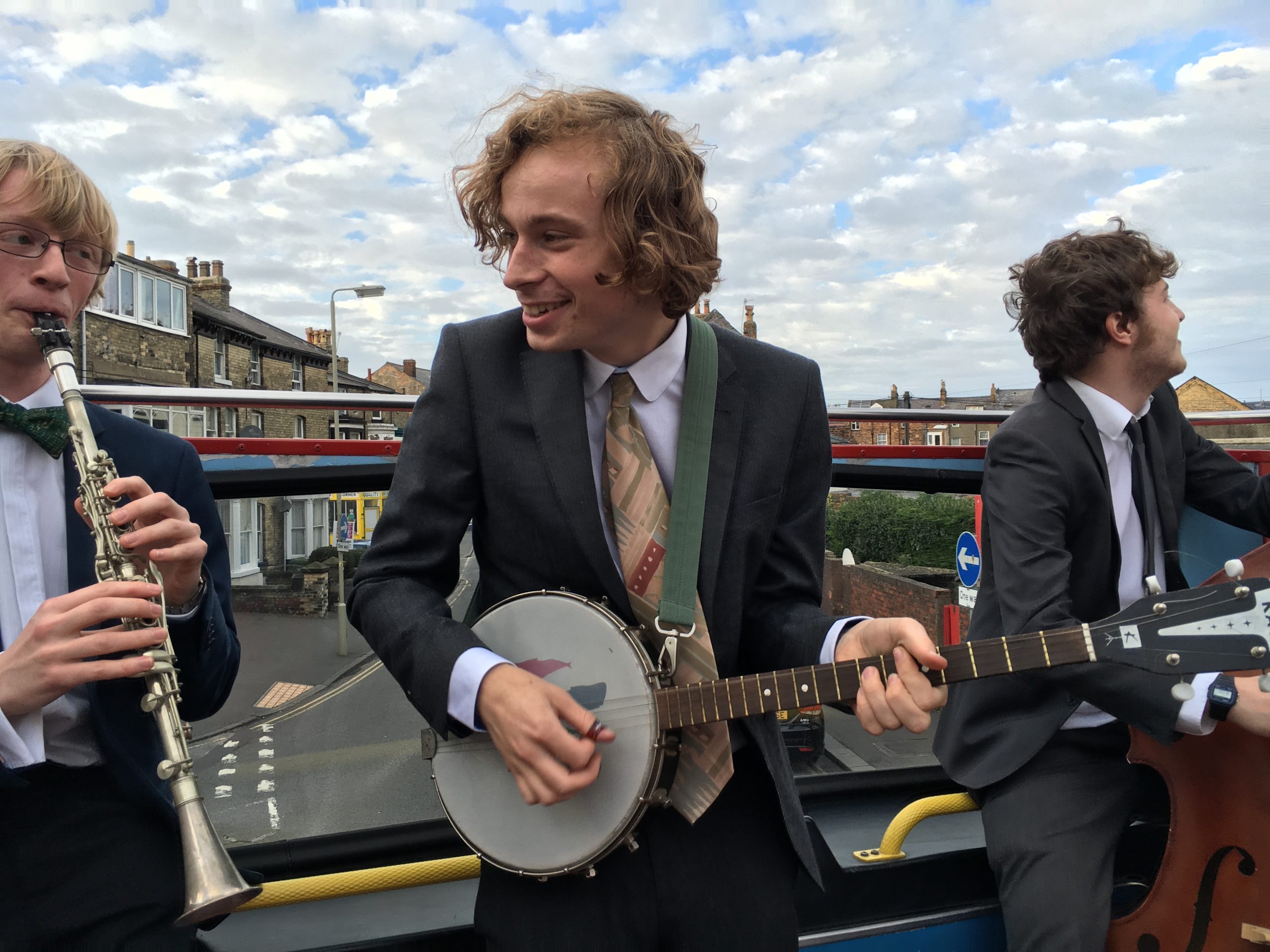 The Jelly Roll Jazz Band performing on an open top bus ride round Scarborough, September 2016