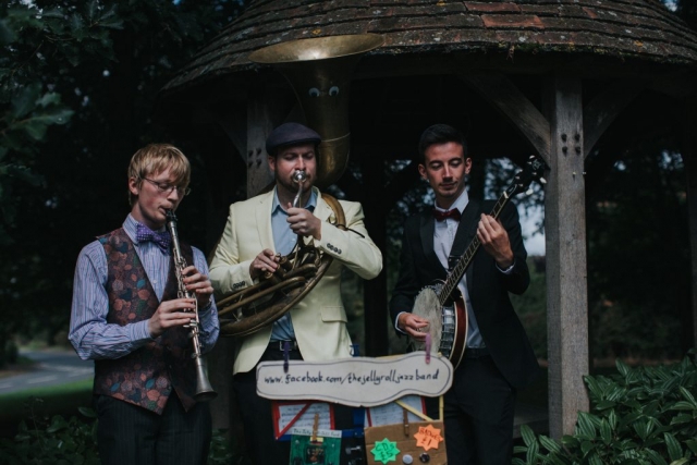 The Jelly Roll Jazz Band performing at a wedding reception in Rous Lench, August 2018
