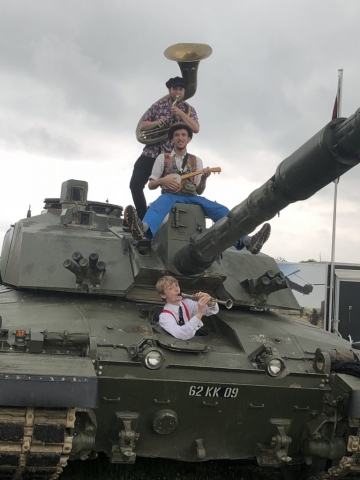 The Jelly Roll Jazz Band performing on a tank at the Royal Bath and West Show, May 2018